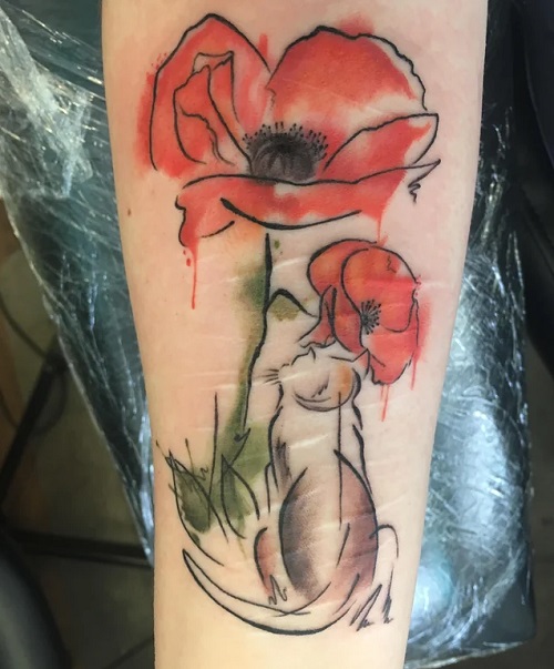 Cat and Flowers Ink in watercolour tattoo