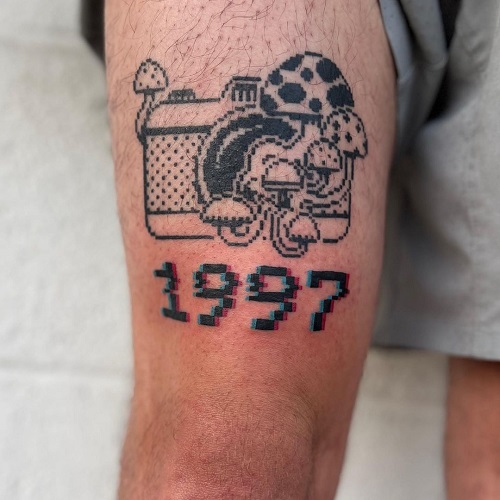 Pixel birth year and mushroom Tattoo Style