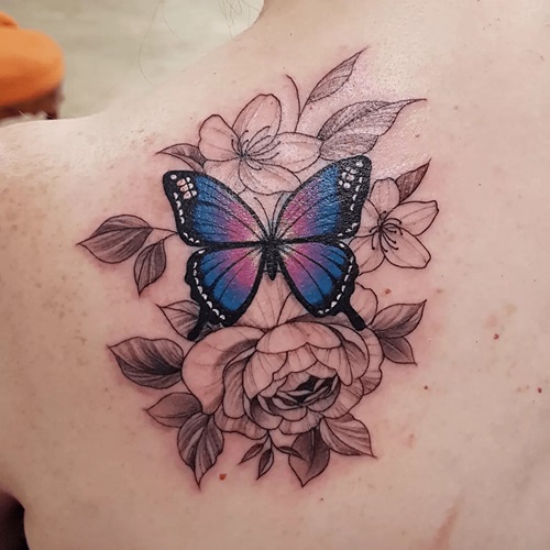 Blue Butterfly and Shaded Flowers