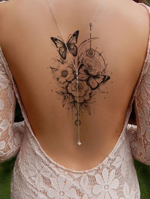 Black And Whithe Butterfly And Flower Tattoos 1