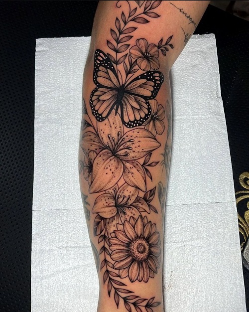 Black And Whithe Butterfly And Flower Tattoos 4