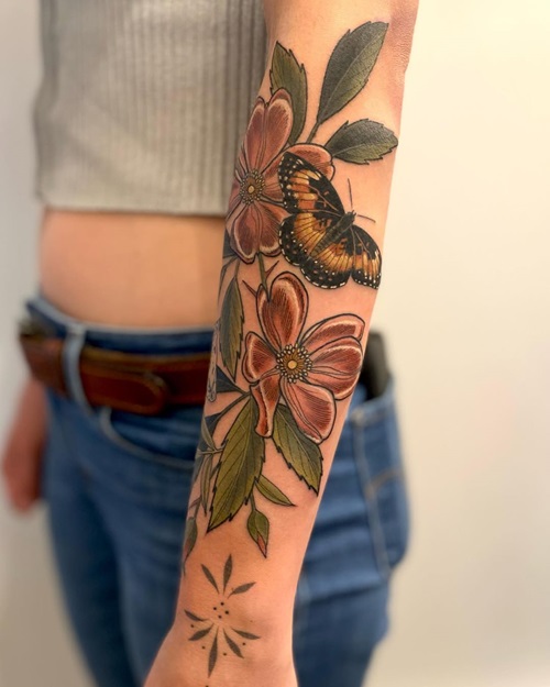 Colored Butterfly and Flowers Tattoo