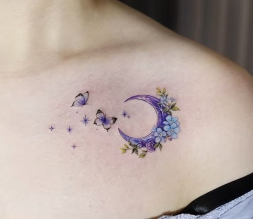 Floral Moon and Butterflies Tattoo