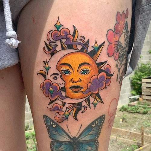 Sun and Moon with Butterfly and Blooms