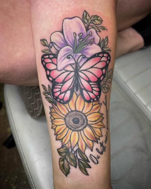 Lily, Sunflower, and Butterfly Tattoo