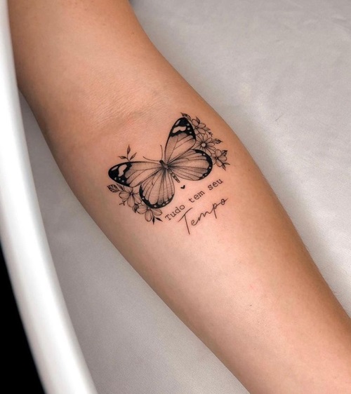 Gratitude Butterfly and Flowers Tattoo