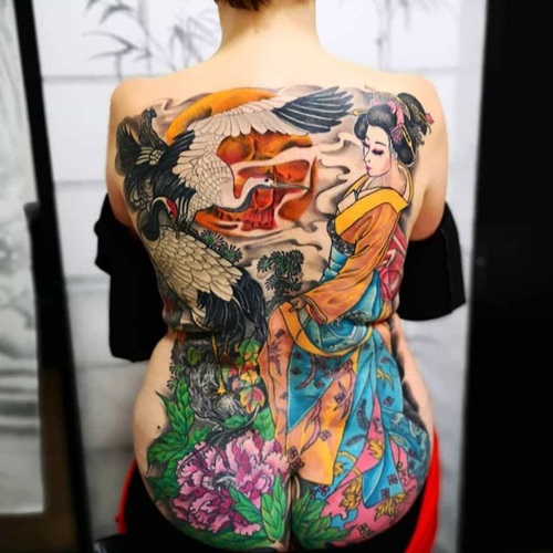 Back Body Art with Geisha, Flowers, and Fish