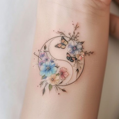 Floral Yin Yang with Watercolor Tattoo