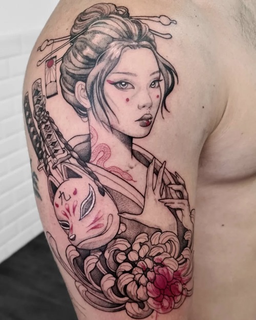 Black and White Geisha Tattoo with Red Highlights