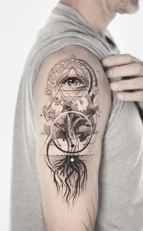 Geometric Oak and Eye Tattoo