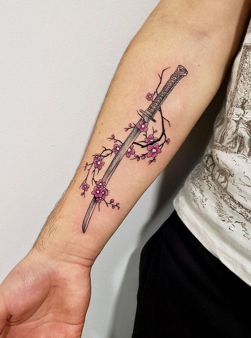 Neotraditional Flower and Samurai Sword Ink