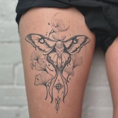 Luna Moth Tattoo on thigh