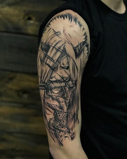 black and grey tattoo on an arm, featuring the Shinigami Death God from Naruto