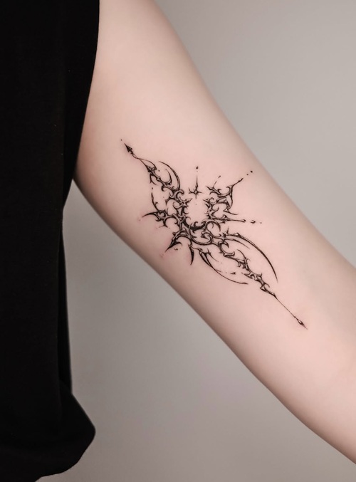 Futuristic folk tattoo with intricate linework