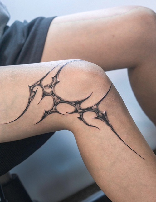 Intricate cyber-folk blackwork tattoo