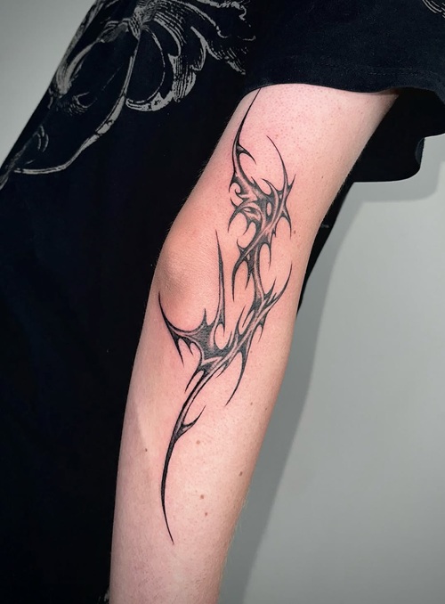 Futuristic folk tattoo with intricate linework